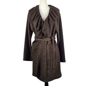 Cynthia Rowley Wool Brown Sweater Coat Sz 1X Ruffle Cascade Belted Quiet Luxury